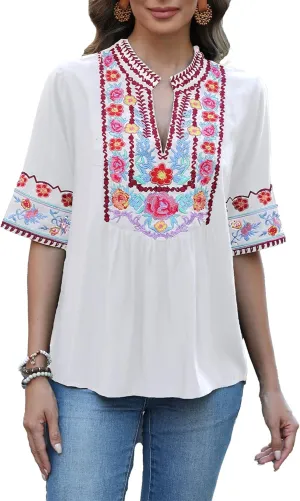 LauraKlein Mexican Embroidered Short Sleeve Boho Tops Women's Summer Peasant Blouse Boho Outfit Shirt Hippy Clothes for Women