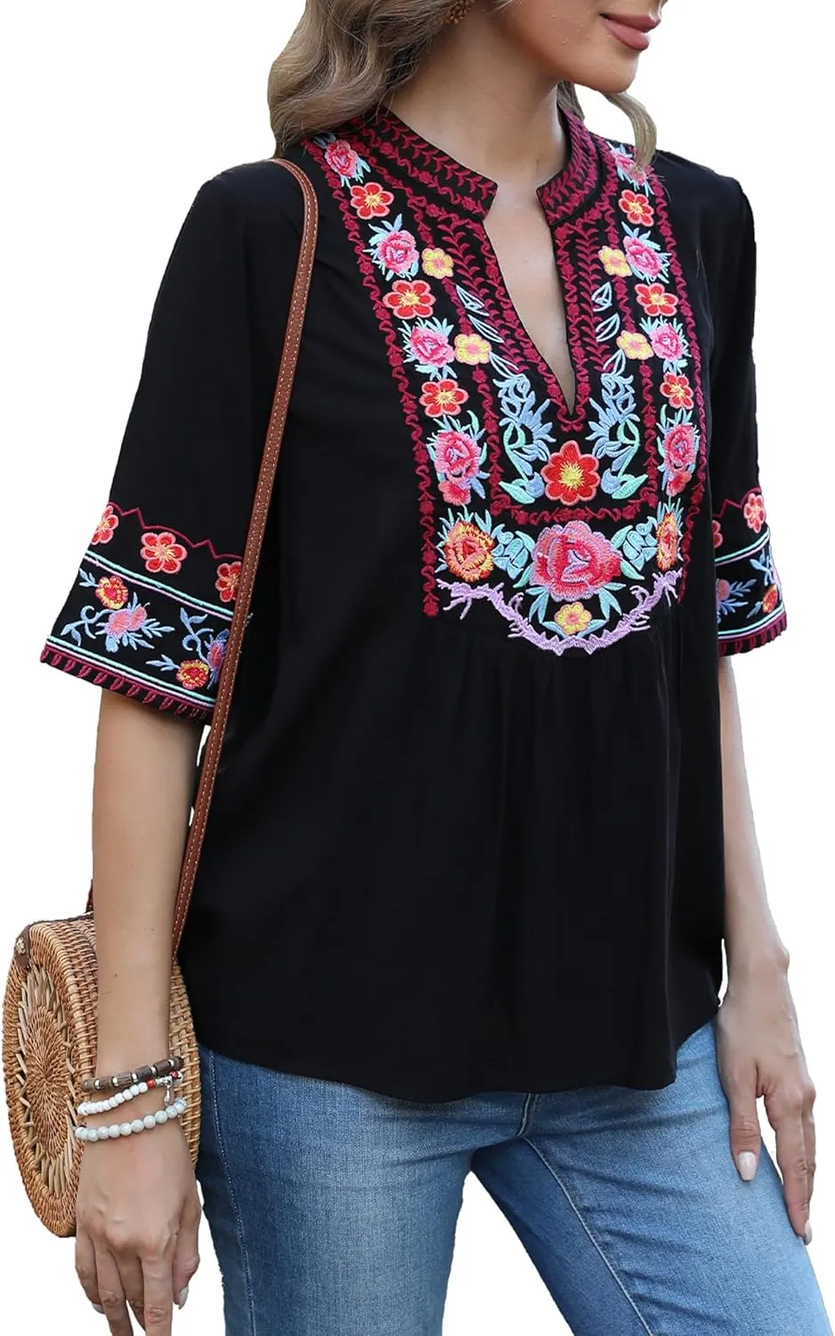 LauraKlein Mexican Embroidered Short Sleeve Boho Tops Women's Summer Peasant Blouse Boho Outfit Shirt Hippy Clothes for Women