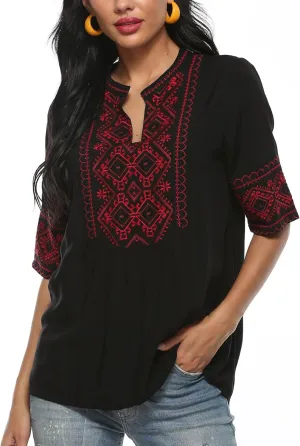 LauraKlein Mexican Embroidered Short Sleeve Boho Tops Women's Summer Peasant Blouse Boho Outfit Shirt Hippy Clothes for Women