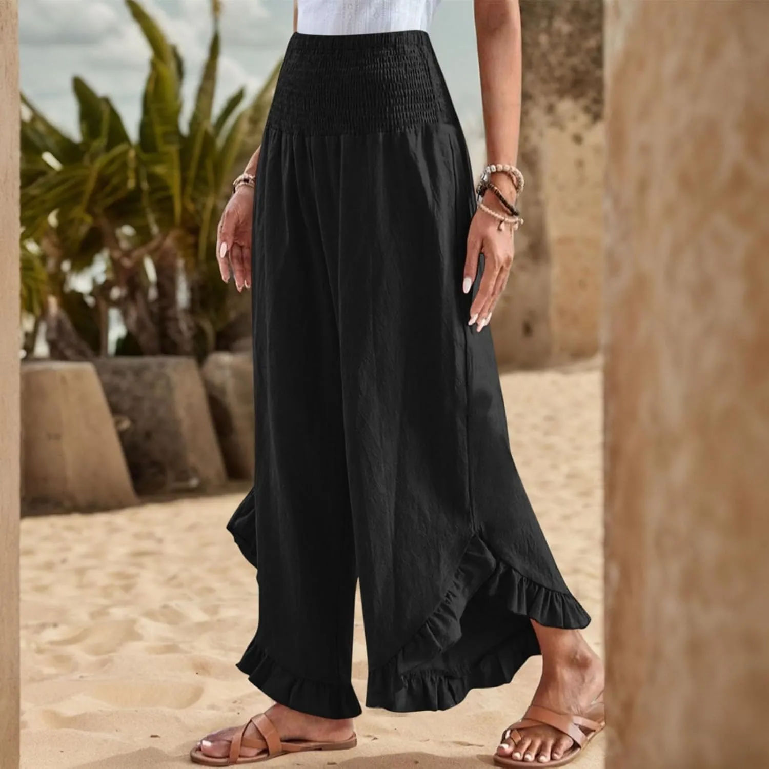 Linen Palazzo Pants Women Summer Boho Wide Leg High Waist Lounge Pant 2025 Casual Beach Vacation Outfits
