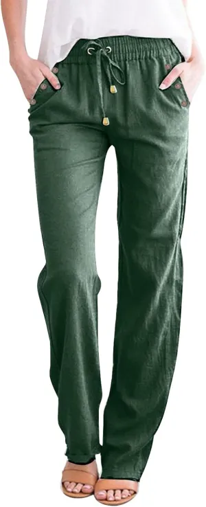 Linen Pants Women Straight Leg Lightweight Elastic Waist Pants Summer Relaxed Fit Plus Size Loose Trousers