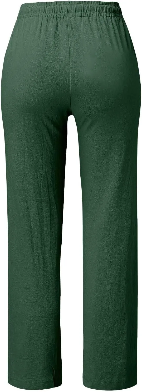 Linen Pants Women Straight Leg Lightweight Elastic Waist Pants Summer Relaxed Fit Plus Size Loose Trousers