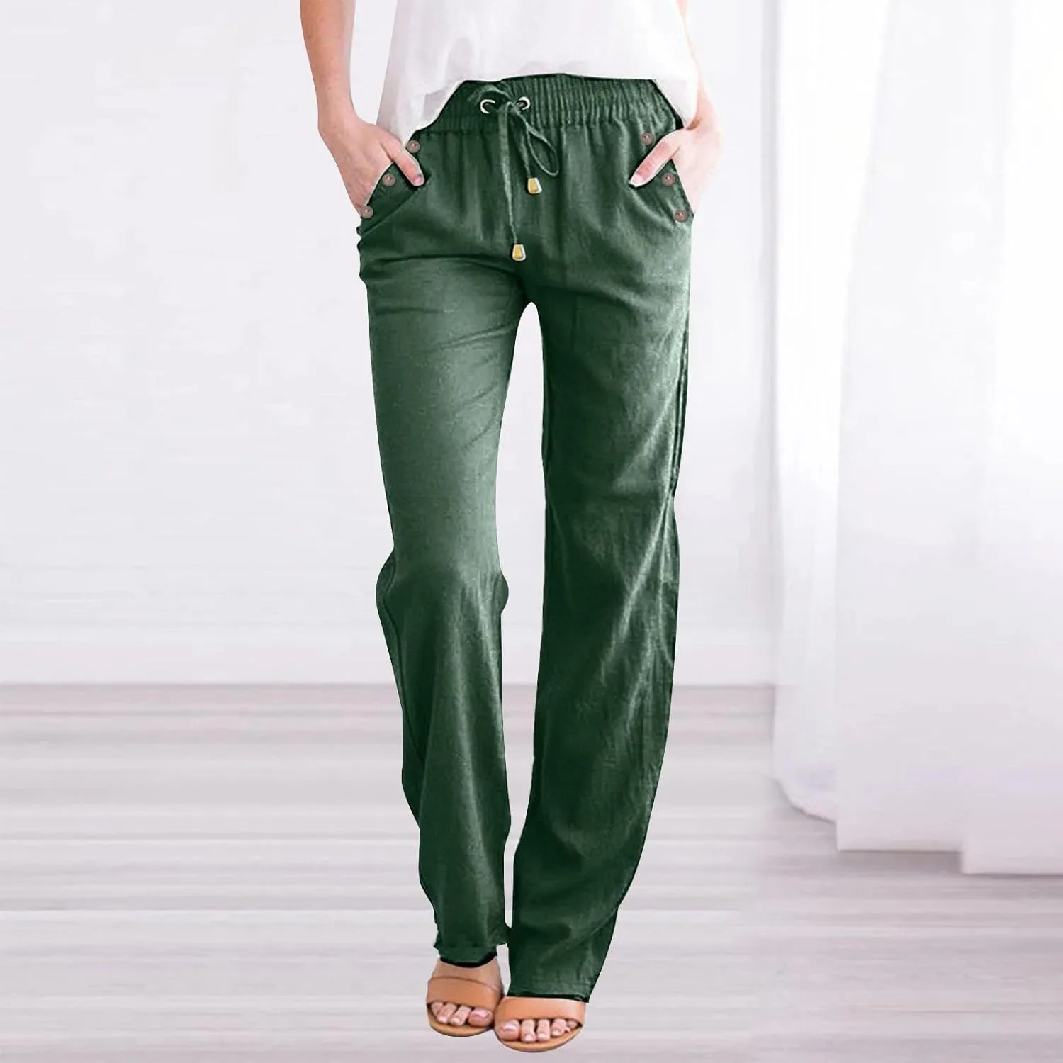 Linen Pants Women Straight Leg Lightweight Elastic Waist Pants Summer Relaxed Fit Plus Size Loose Trousers
