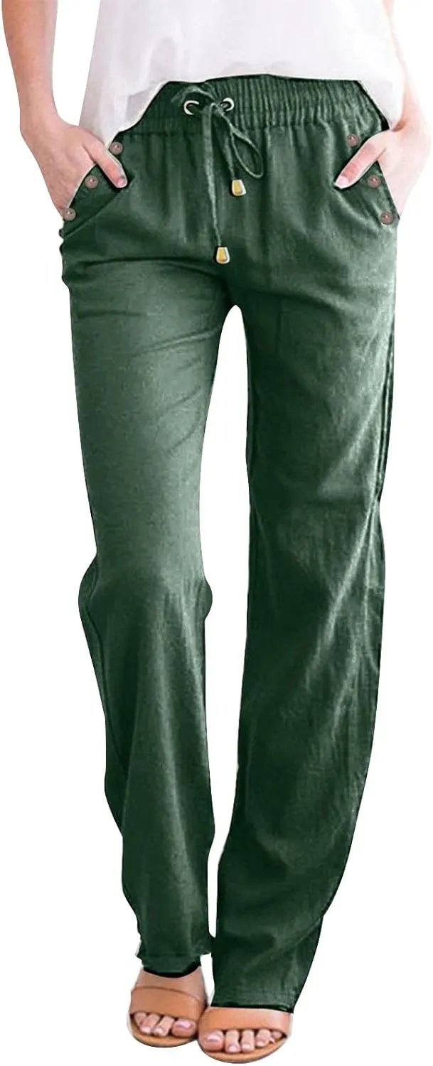 Linen Pants Women Straight Leg Lightweight Elastic Waist Pants Summer Relaxed Fit Plus Size Loose Trousers