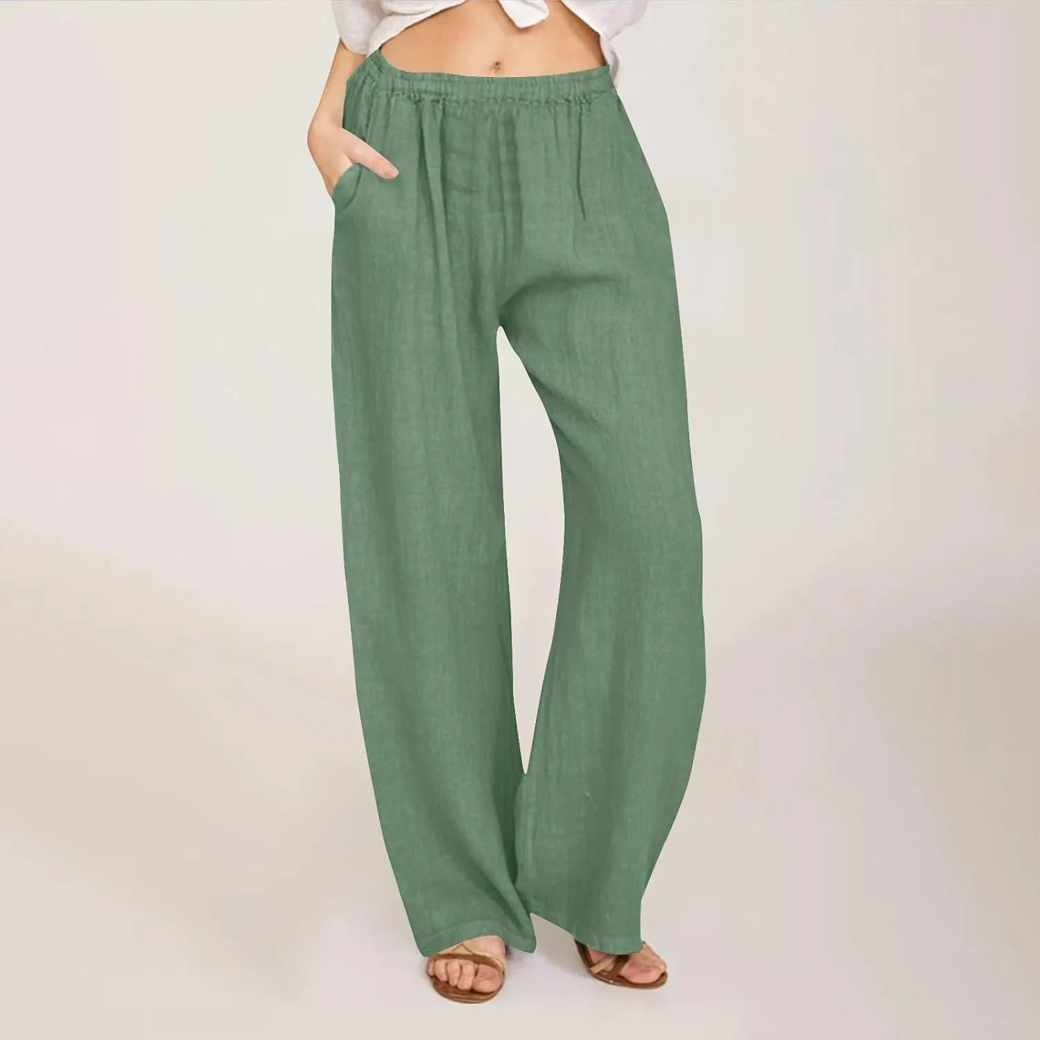 Linen Pants Women Summer Drawstring Waist Wide Leg Loose Cotton Linen Palazzo Pants Vacation Beach Pants with Pockets