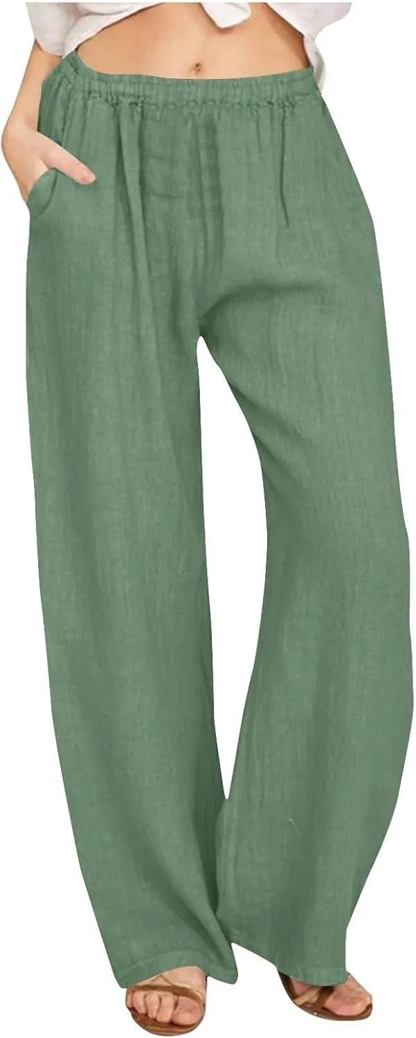 Linen Pants Women Summer Drawstring Waist Wide Leg Loose Cotton Linen Palazzo Pants Vacation Beach Pants with Pockets