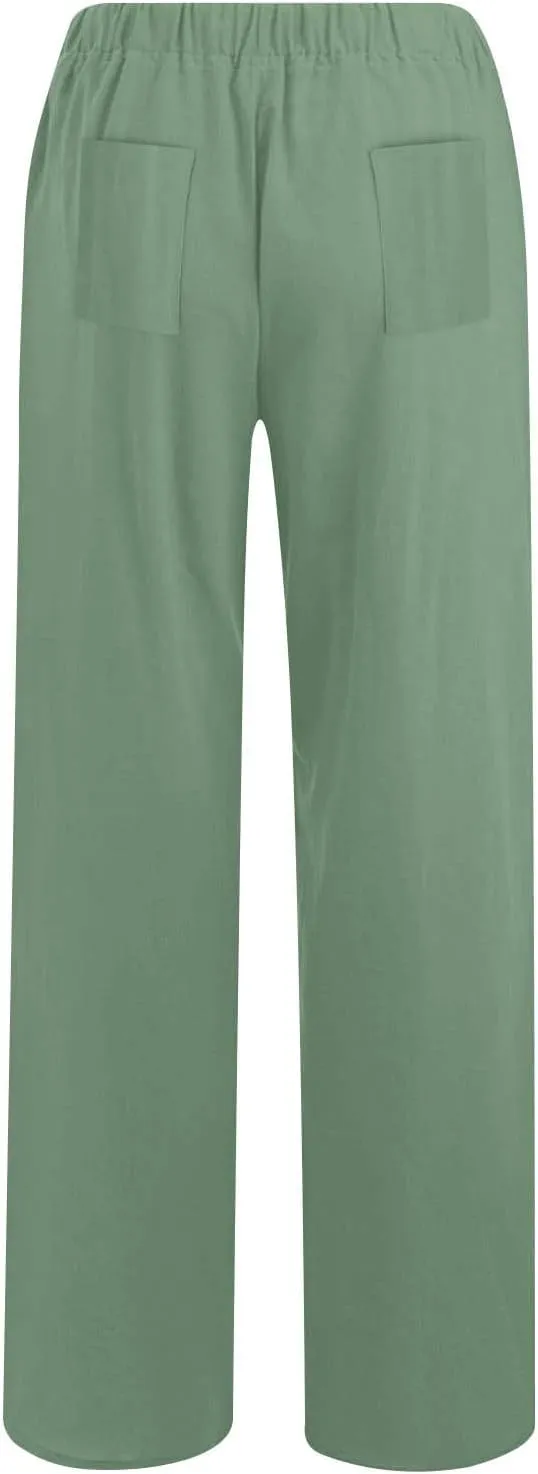 Linen Pants Women Summer Drawstring Waist Wide Leg Loose Cotton Linen Palazzo Pants Vacation Beach Pants with Pockets