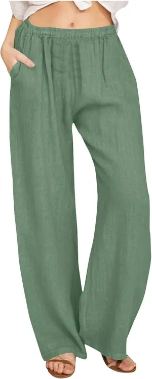Linen Pants Women Summer Drawstring Waist Wide Leg Loose Cotton Linen Palazzo Pants Vacation Beach Pants with Pockets