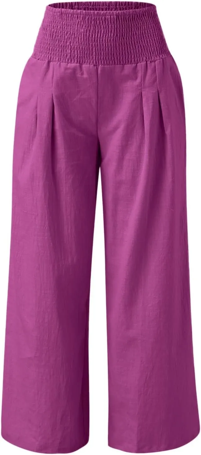 Linen Pants Women Summer Wide Leg Pants Smocked Waist Pants High Waisted Lounge Pants Casual Flowy Palazzo Beach Trousers