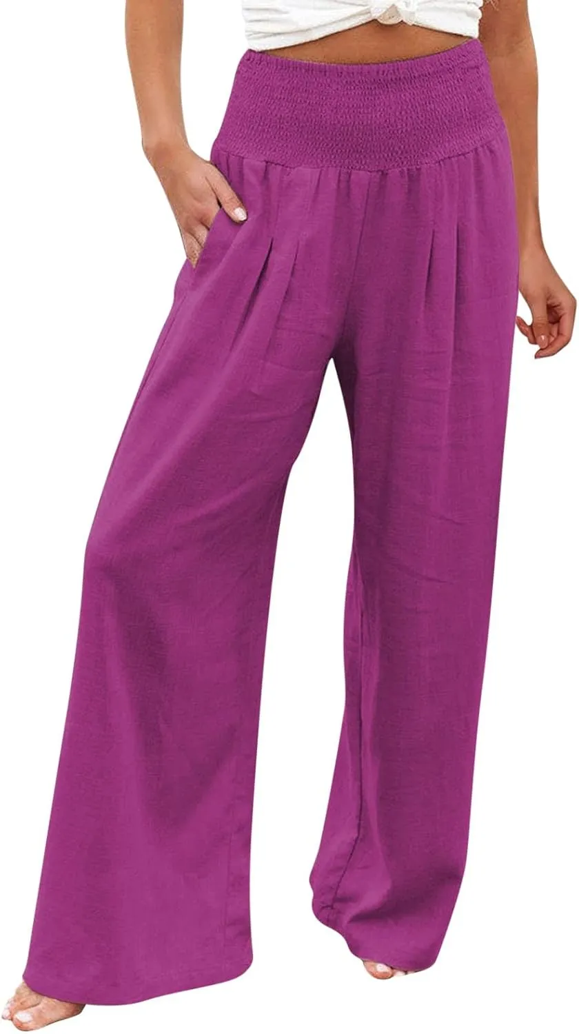 Linen Pants Women Summer Wide Leg Pants Smocked Waist Pants High Waisted Lounge Pants Casual Flowy Palazzo Beach Trousers