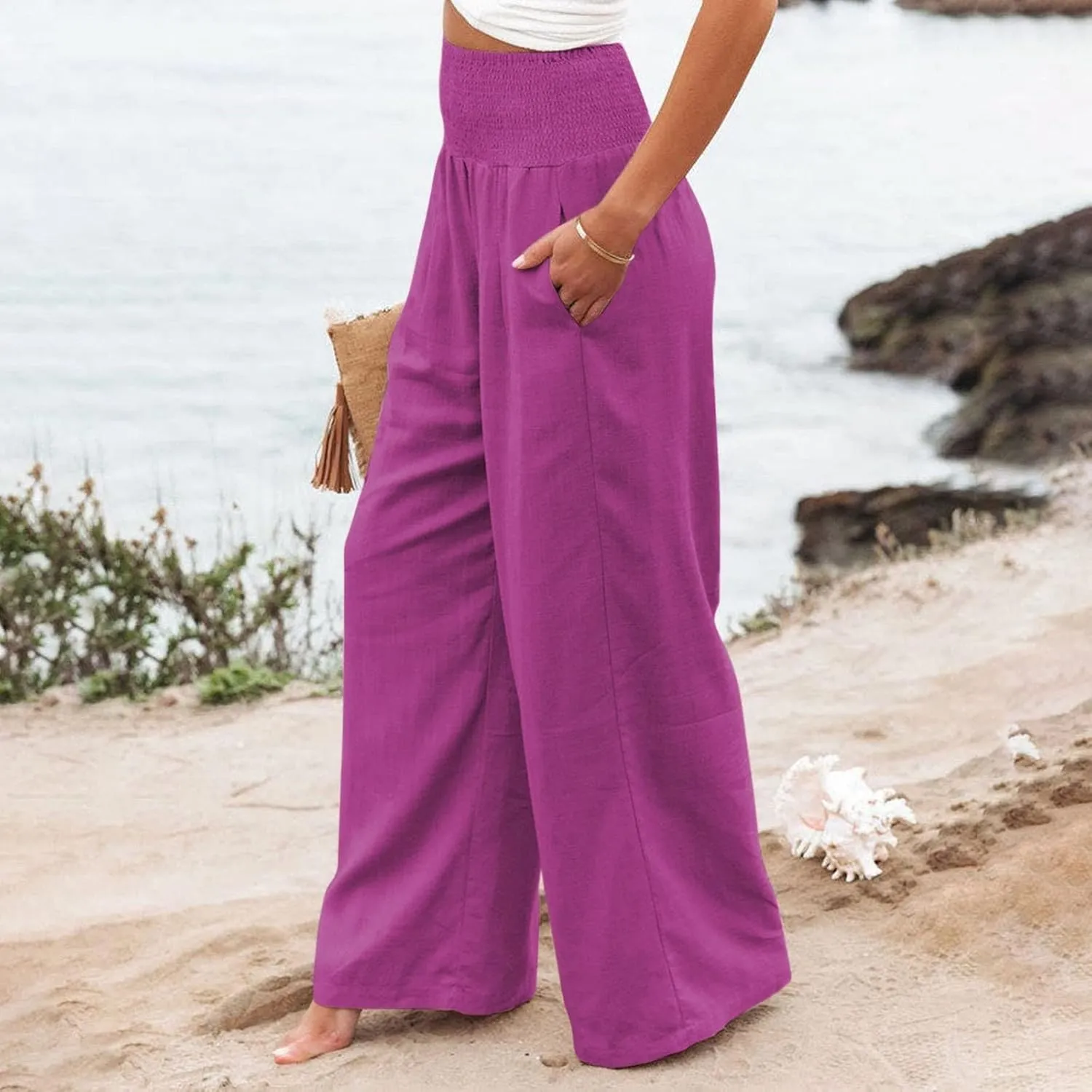Linen Pants Women Summer Wide Leg Pants Smocked Waist Pants High Waisted Lounge Pants Casual Flowy Palazzo Beach Trousers