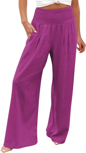 Linen Pants Women Summer Wide Leg Pants Smocked Waist Pants High Waisted Lounge Pants Casual Flowy Palazzo Beach Trousers