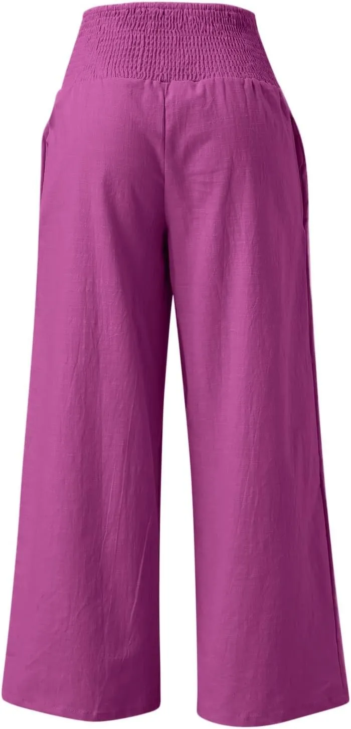 Linen Pants Women Summer Wide Leg Pants Smocked Waist Pants High Waisted Lounge Pants Casual Flowy Palazzo Beach Trousers