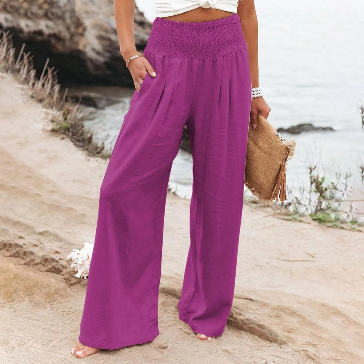 Linen Pants Women Summer Wide Leg Pants Smocked Waist Pants High Waisted Lounge Pants Casual Flowy Palazzo Beach Trousers