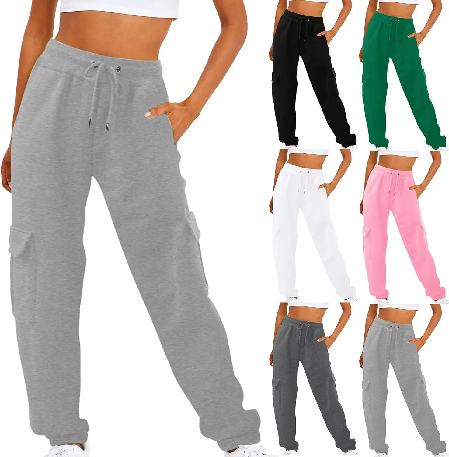 maisdgop Womens Cargo Pants Casual High Waisted Drawstring Pants Baggy Wide Leg Sweatpant Oversized Trousers with Pockets