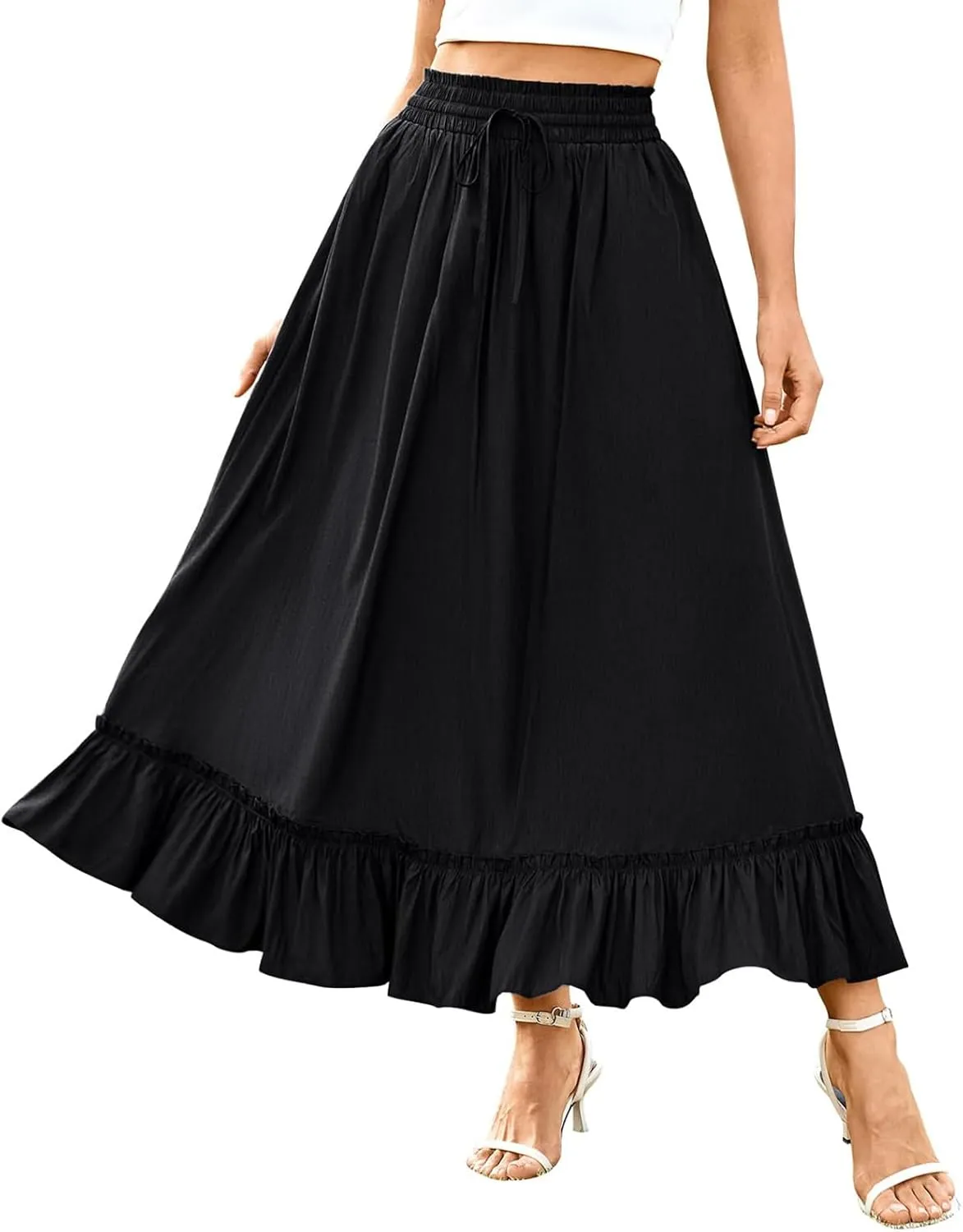 Maxi Skirt for Women High Waisted Boho Ruffle Flowy Long Skirts Summer Casual Swing A-Line Beach Travel Skirts