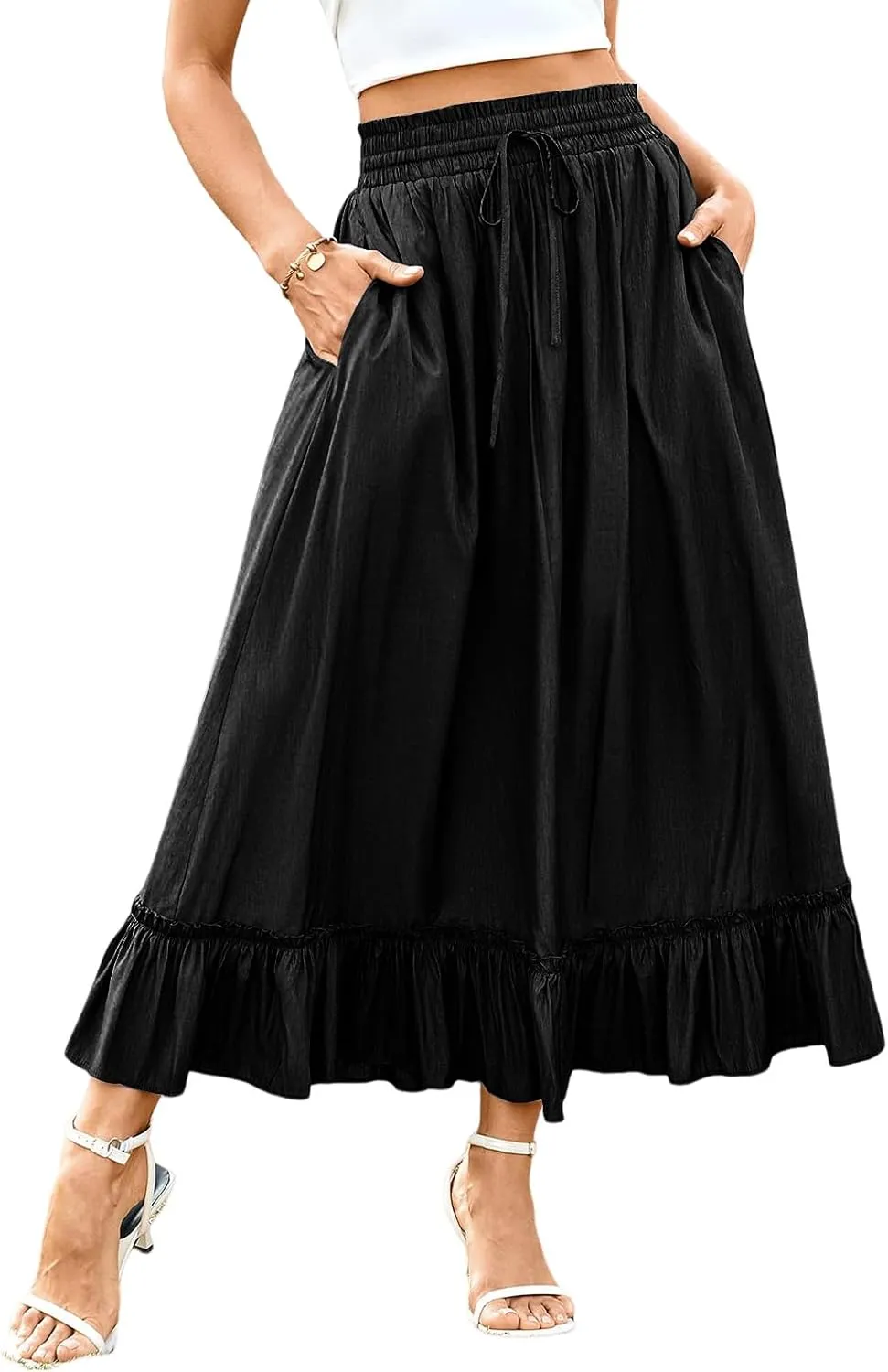 Maxi Skirt for Women High Waisted Boho Ruffle Flowy Long Skirts Summer Casual Swing A-Line Beach Travel Skirts