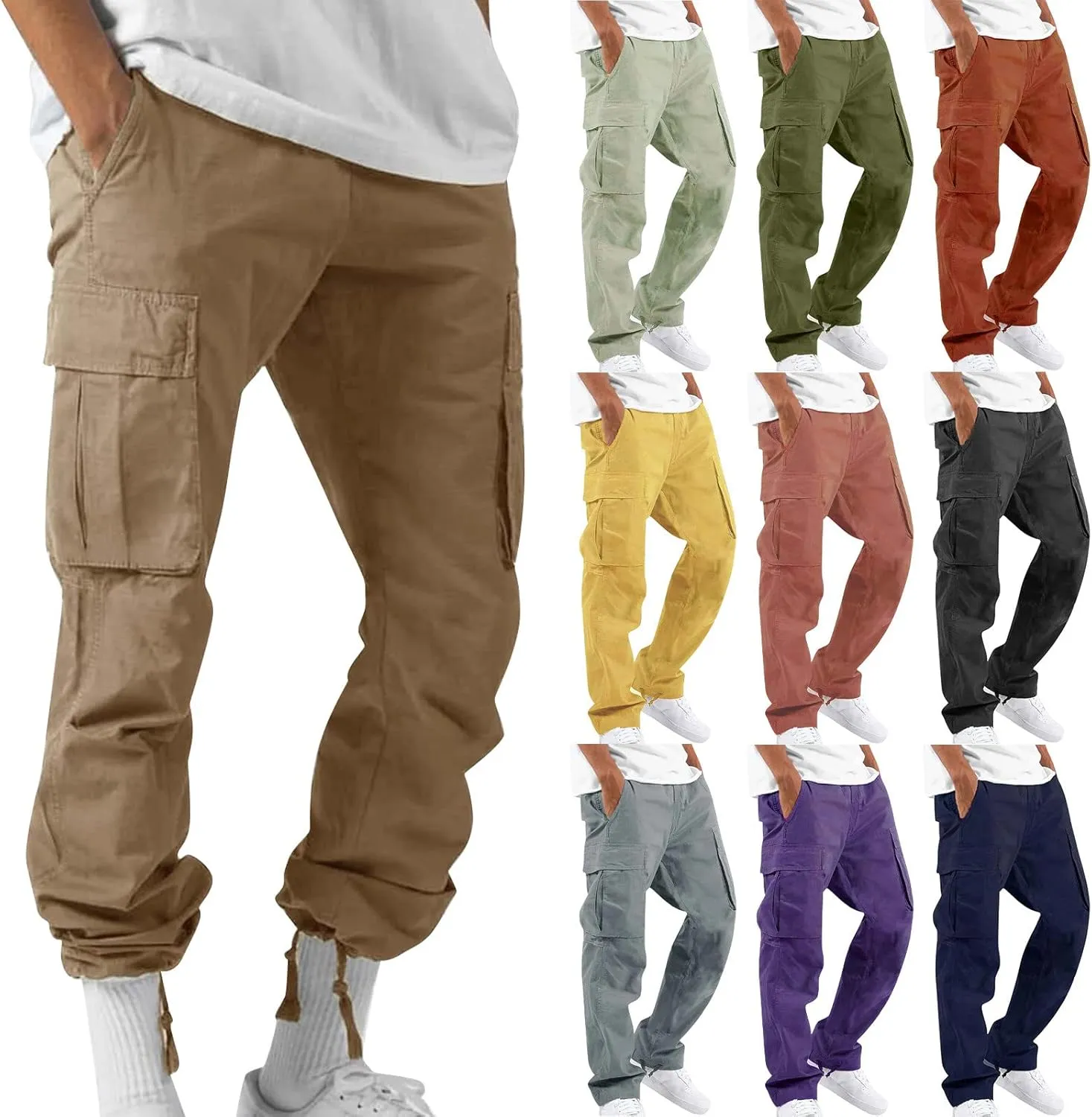 Mencomfy Cargo Pants Lightweight Outdoor Hiking Tactical Pants Palcomfy Elastic Waist Wide Leg Joggers with Pockets