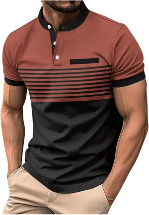 Men's Classic fit Polo Shirts Short Sleeve Fashion Golf Shirt Casual Striped Slim Fit Buttoned Henley T-Shirts