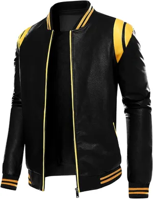 Men's Faux Leather Jacket Zipper Button Round Collar Casual Motorcycle Jackets Fashion Winter Long Sleeve Outwear