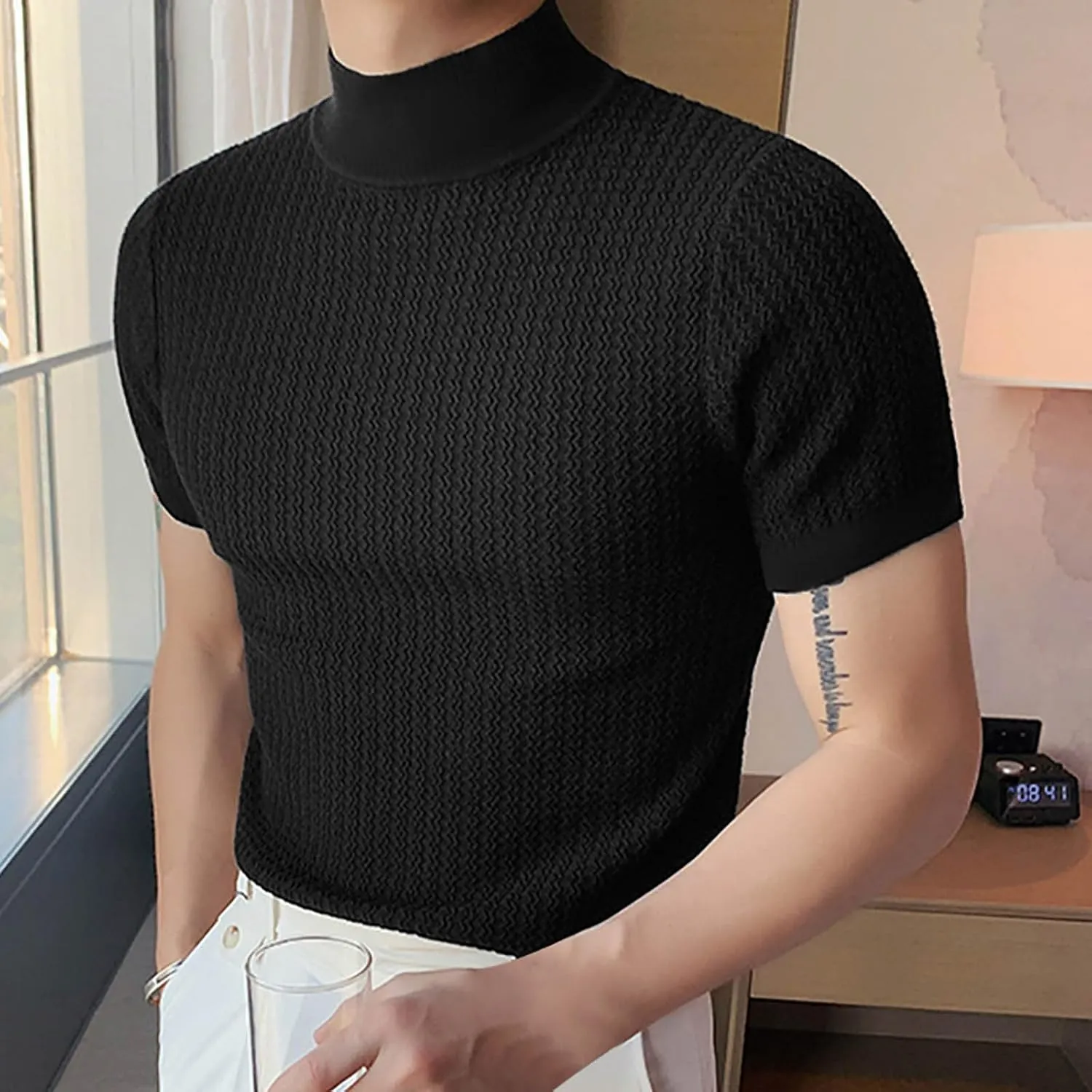 Men's Mock Turtleneck Sweater Short Sleeve Casual Basic Tops Jacquard Knit Pullover Tee Fitted Textured Undershirts