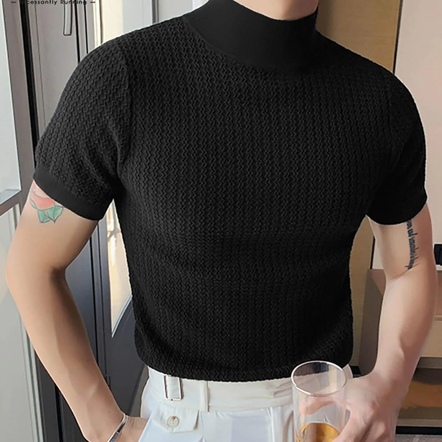 Men's Mock Turtleneck Sweater Short Sleeve Casual Basic Tops Jacquard Knit Pullover Tee Fitted Textured Undershirts