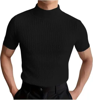 Men's Mock Turtleneck Sweater Short Sleeve Casual Basic Tops Jacquard Knit Pullover Tee Fitted Textured Undershirts