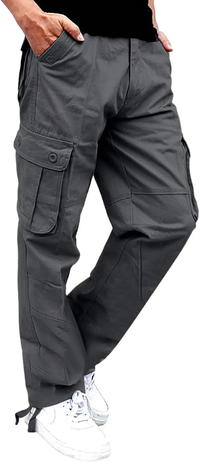 Men's Outdoor Cargo Pants Utility Elastic Waist Pockets Ripstop Relaxed Fit Tactical Pants Stretch Jogging Sweatpants