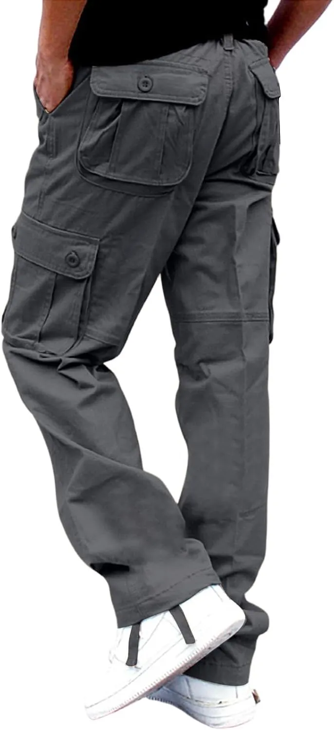 Men's Outdoor Cargo Pants Utility Elastic Waist Pockets Ripstop Relaxed Fit Tactical Pants Stretch Jogging Sweatpants