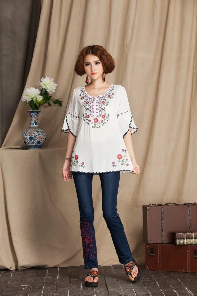 Mexican Shirts Peasant Blouses Cotton Embroidered 3/4 Sleeve Bohemian Tops Boho Clothes for Women Summer Fiesta