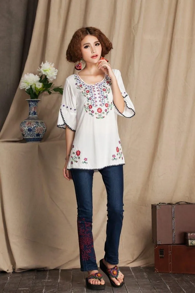 Mexican Shirts Peasant Blouses Cotton Embroidered 3/4 Sleeve Bohemian Tops Boho Clothes for Women Summer Fiesta