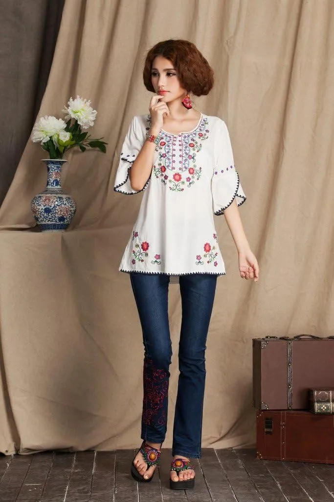 Mexican Shirts Peasant Blouses Cotton Embroidered 3/4 Sleeve Bohemian Tops Boho Clothes for Women Summer Fiesta