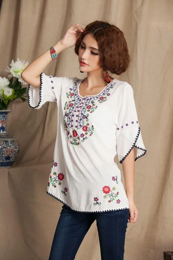 Mexican Shirts Peasant Blouses Cotton Embroidered 3/4 Sleeve Bohemian Tops Boho Clothes for Women Summer Fiesta