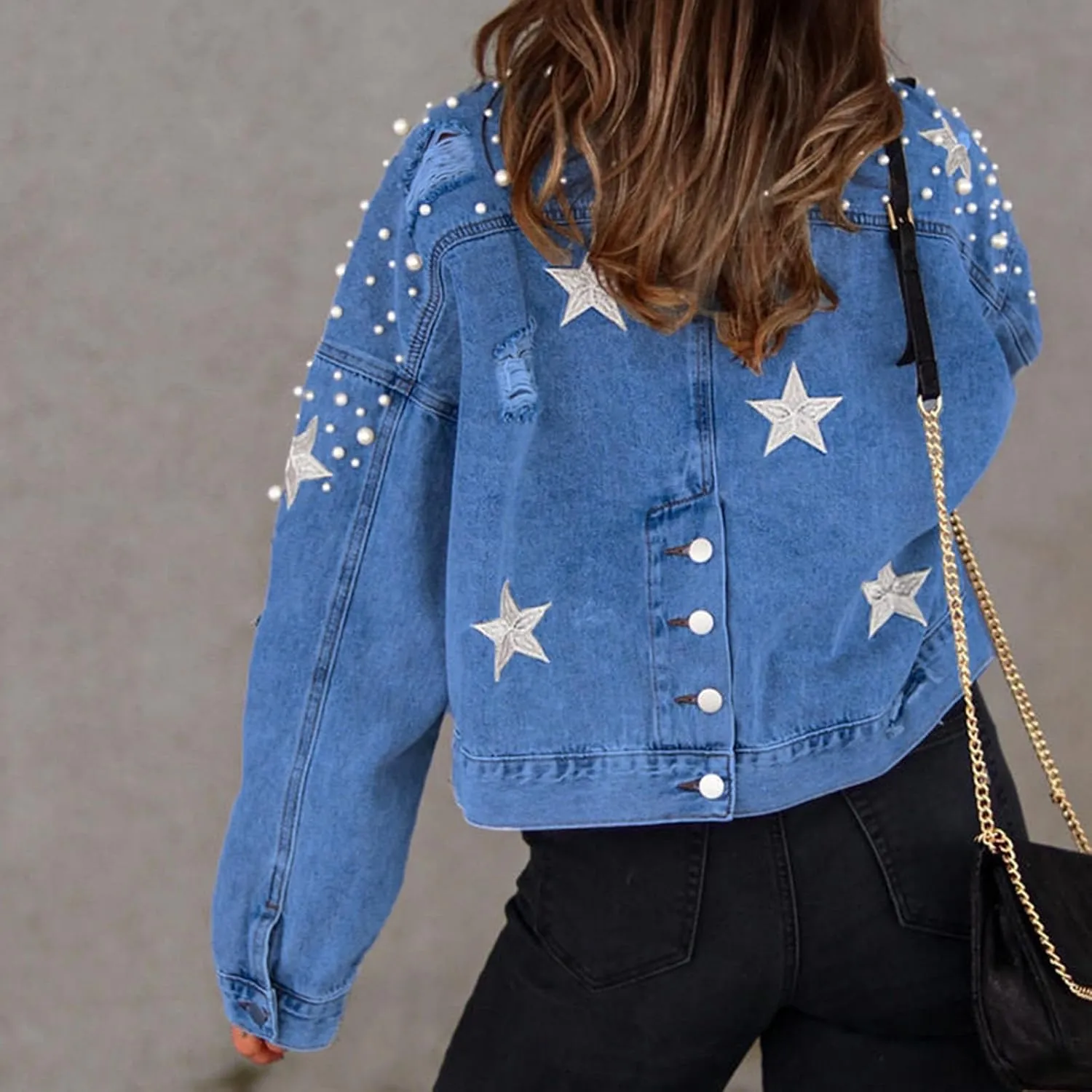 NATHGAM Women Fall Loose Embroidered Pearls Beading Jean Jacket Cropped Denim Jacket Teen Street Jean Coat with Pockets