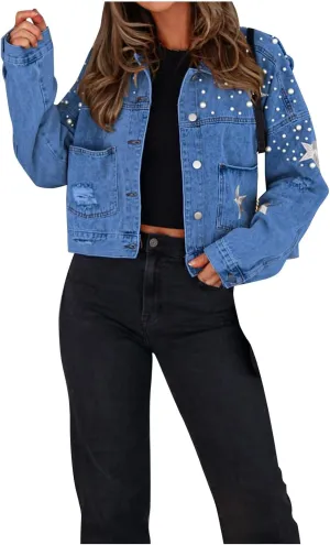 NATHGAM Women Fall Loose Embroidered Pearls Beading Jean Jacket Cropped Denim Jacket Teen Street Jean Coat with Pockets