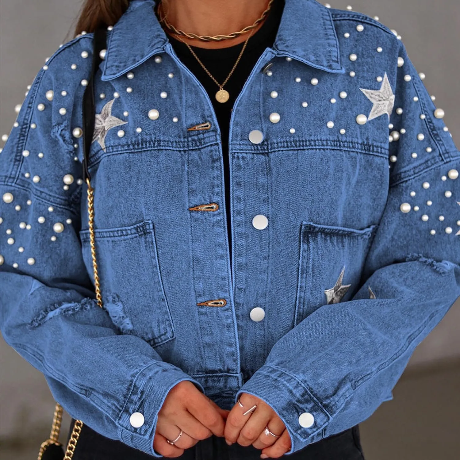 NATHGAM Women Fall Loose Embroidered Pearls Beading Jean Jacket Cropped Denim Jacket Teen Street Jean Coat with Pockets