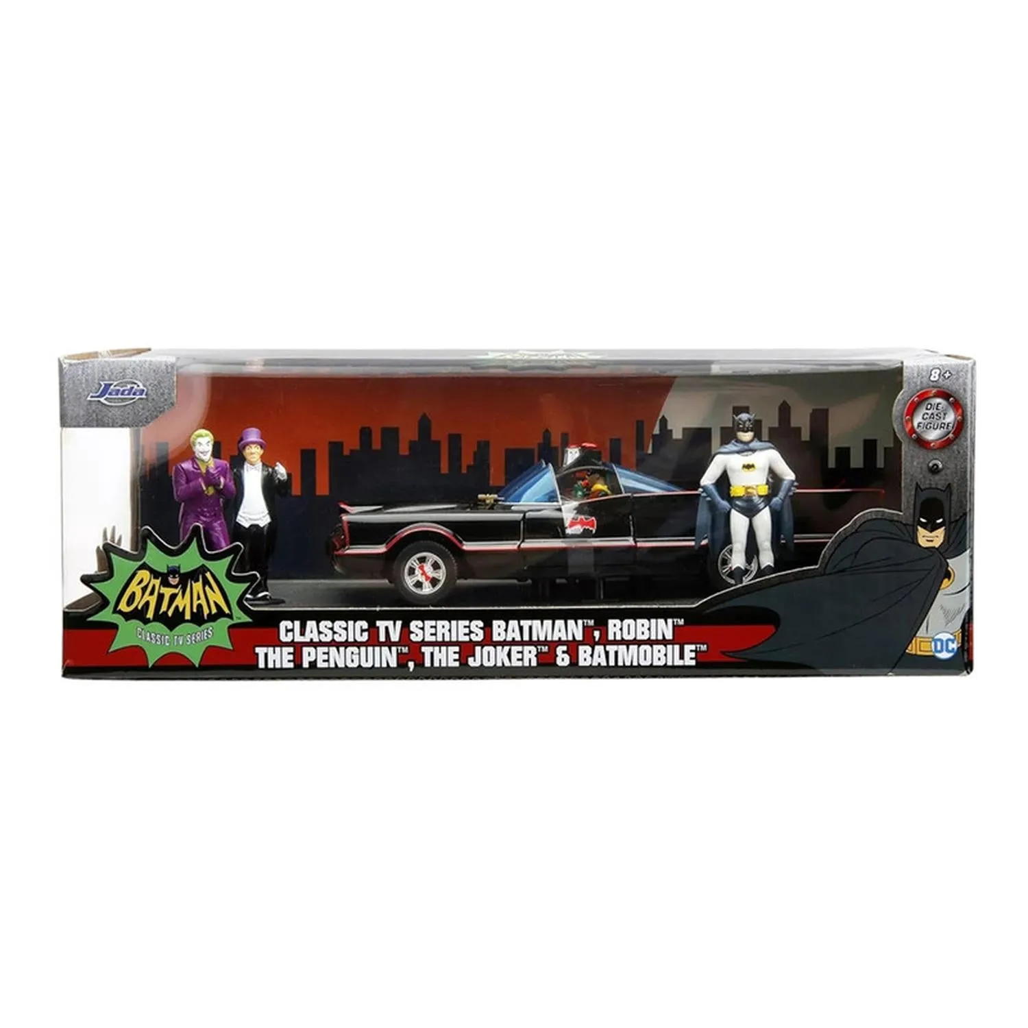 New Arrival Jada Toys Vehículo Batman, Robin, The Penguin, The Joker & Batmobile Escala 1:24 Batman Clasic Tv Series