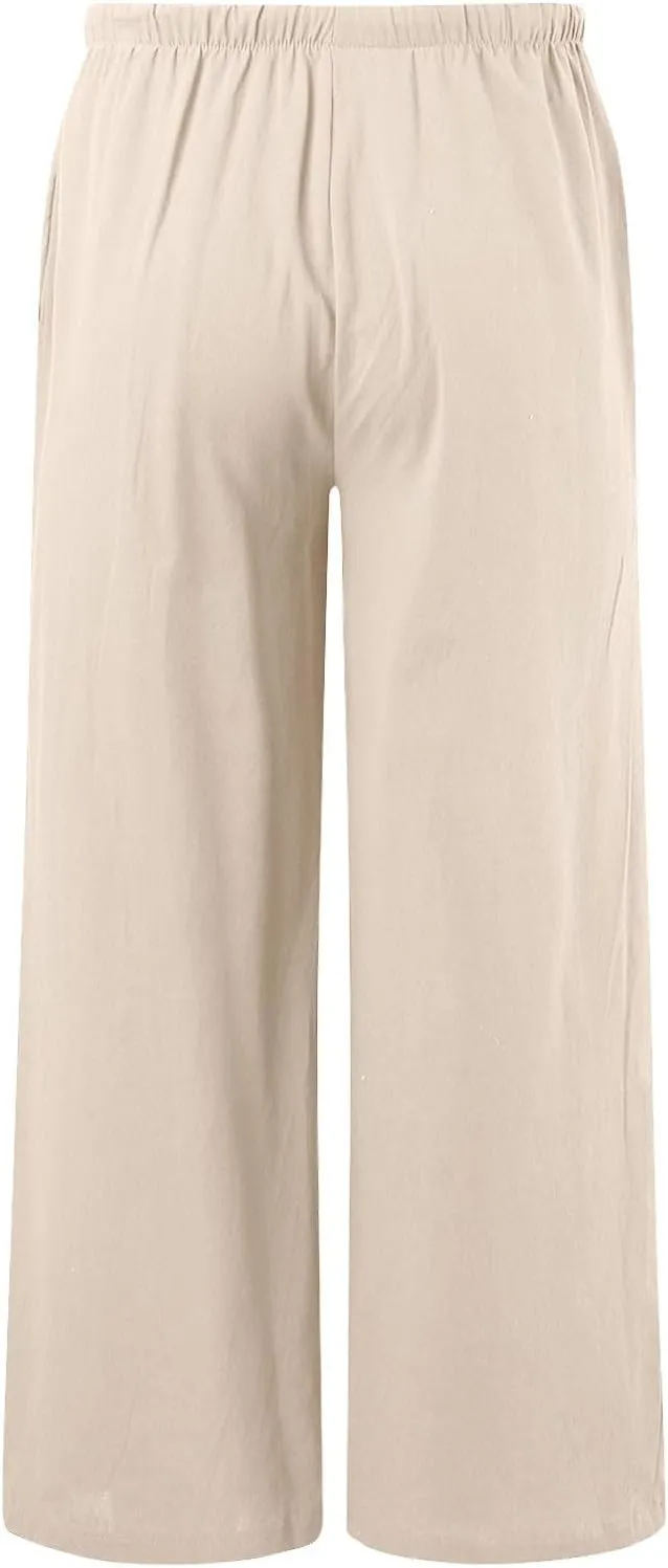 Palazzo Pants for Tall Women Summer Cotton Linen Pants Wide Leg with Pockets Drawstring Cozy Flowy Solid Color Trousers