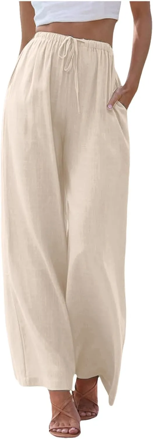 Palazzo Pants for Tall Women Summer Cotton Linen Pants Wide Leg with Pockets Drawstring Cozy Flowy Solid Color Trousers