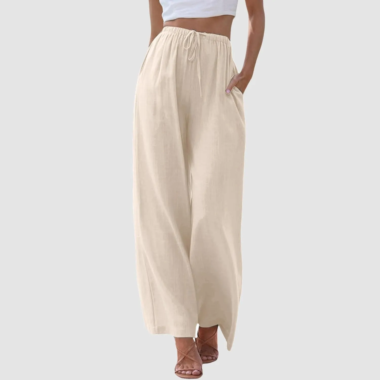 Palazzo Pants for Tall Women Summer Cotton Linen Pants Wide Leg with Pockets Drawstring Cozy Flowy Solid Color Trousers