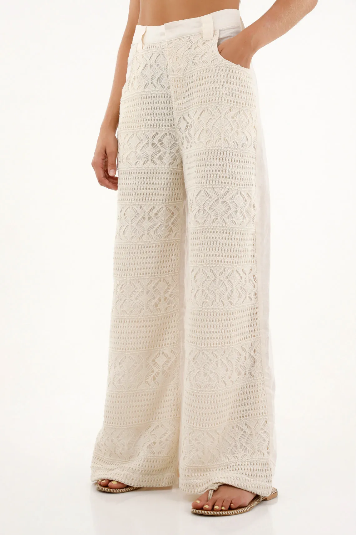 Pantalón Wide Leg tiro medio con detalles tejidos para mujer