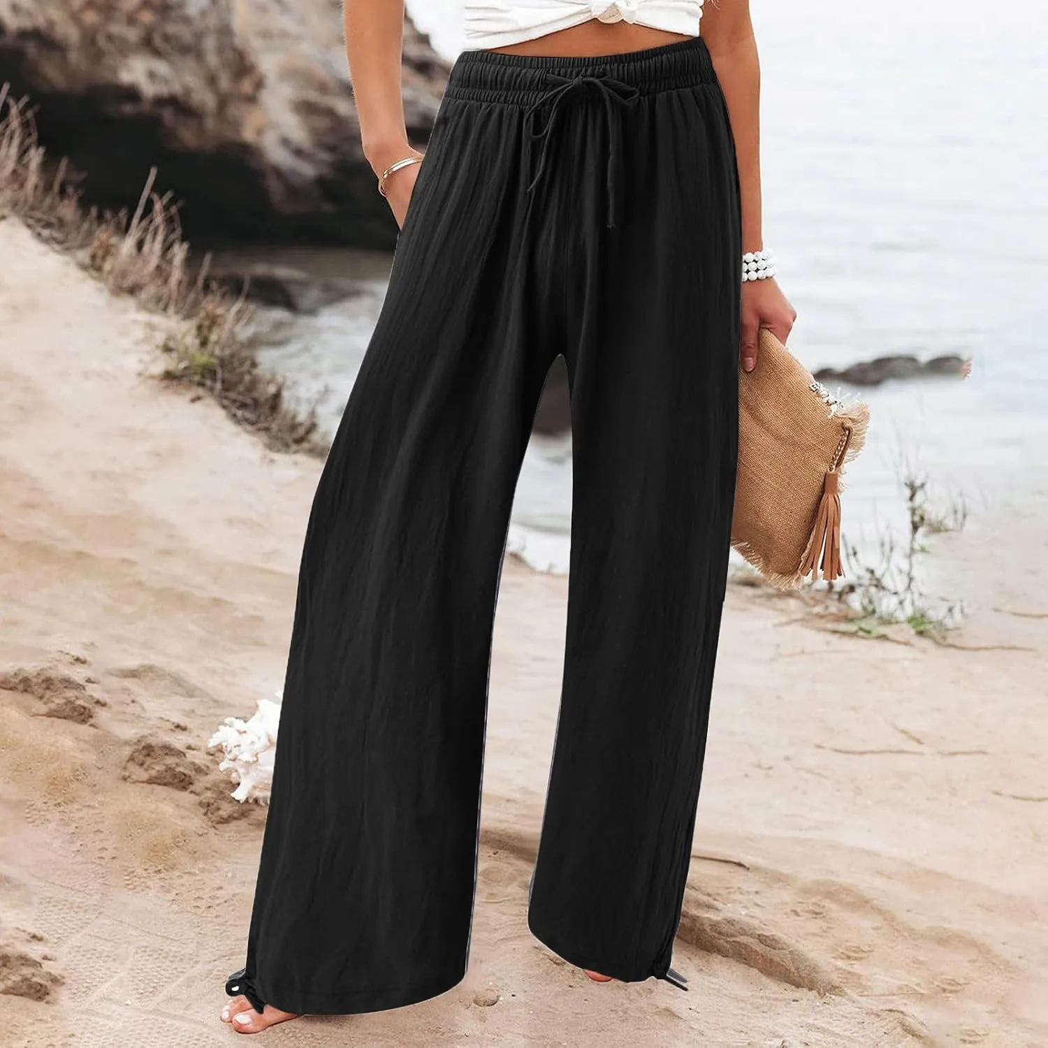 Pantalones para Mujer Linen Pants Comfy Work Pants with Elastic High Waist Paper Bag Linen Dress Pants for Women
