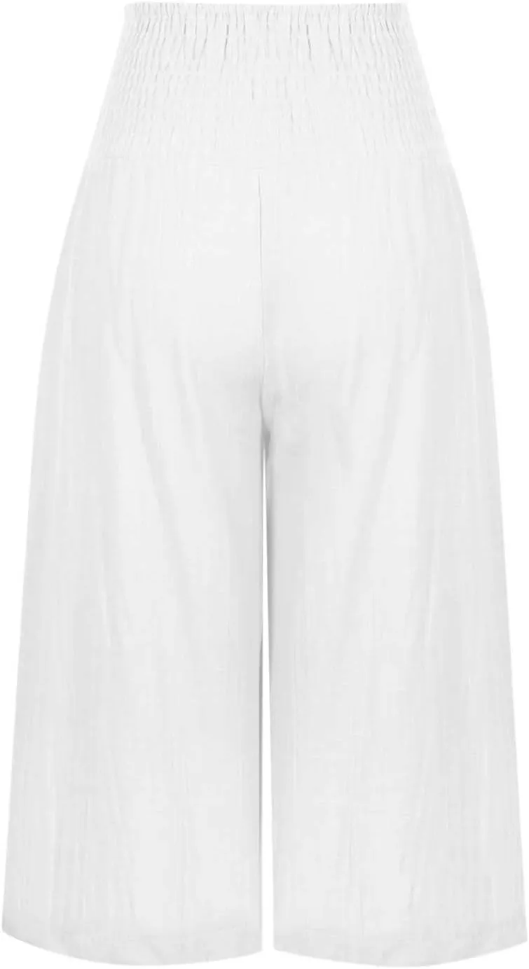 SMIDOW Cotton Linen Wide Leg Pants for Women Casual Summer Drawstring Elastic Waist Capris Loose Cropped Trouser with Pockets