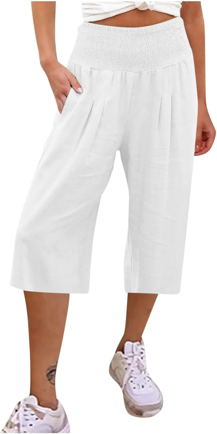 SMIDOW Cotton Linen Wide Leg Pants for Women Casual Summer Drawstring Elastic Waist Capris Loose Cropped Trouser with Pockets