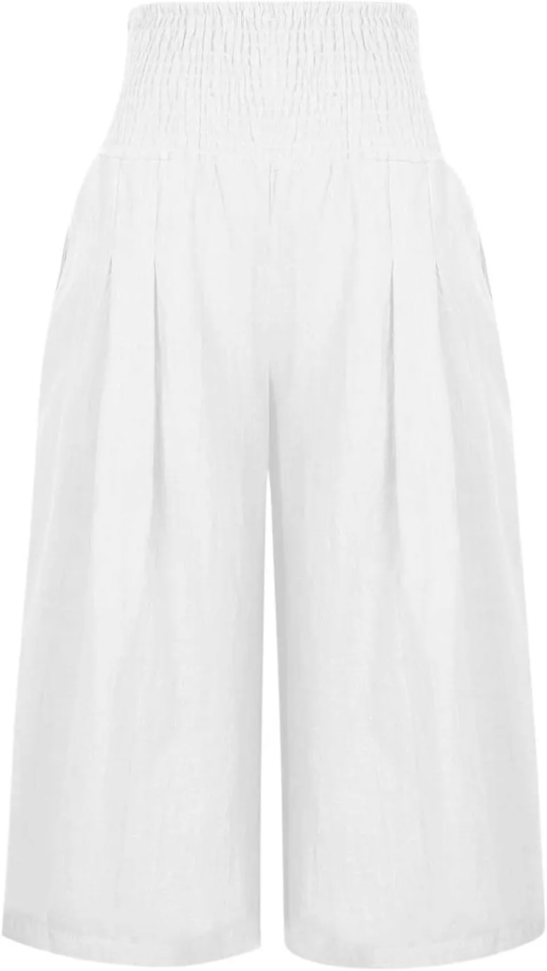 SMIDOW Cotton Linen Wide Leg Pants for Women Casual Summer Drawstring Elastic Waist Capris Loose Cropped Trouser with Pockets