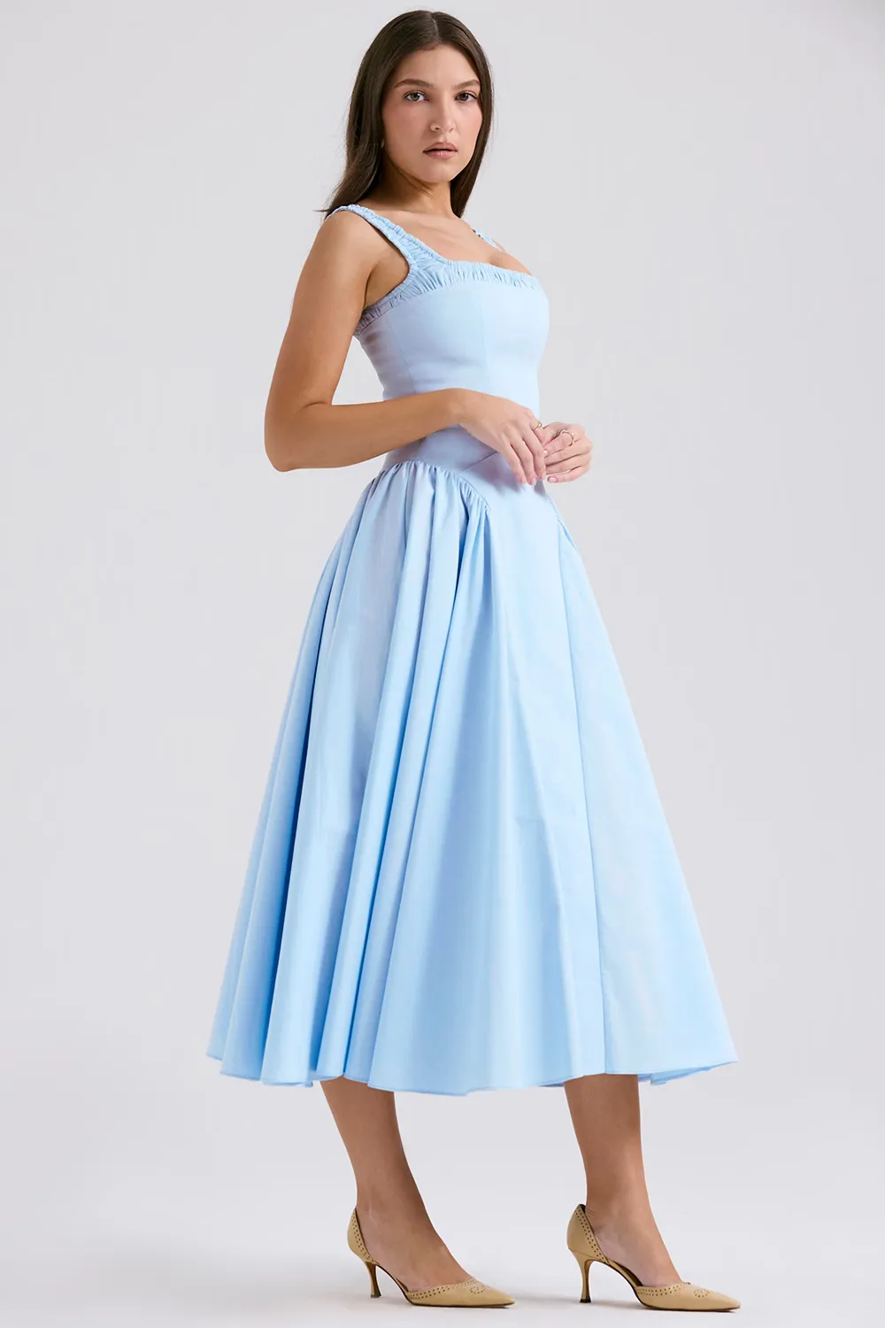Vestido Azul Cinderela Midi Modelador de Algodão Modelo Dorothy