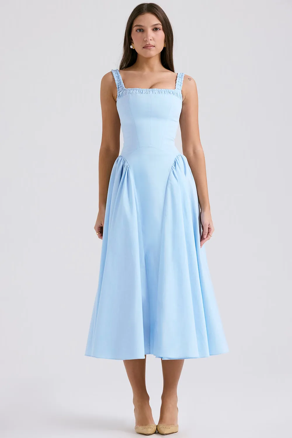 Vestido Azul Cinderela Midi Modelador de Algodão Modelo Dorothy