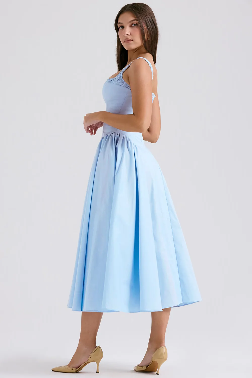 Vestido Azul Cinderela Midi Modelador de Algodão Modelo Dorothy