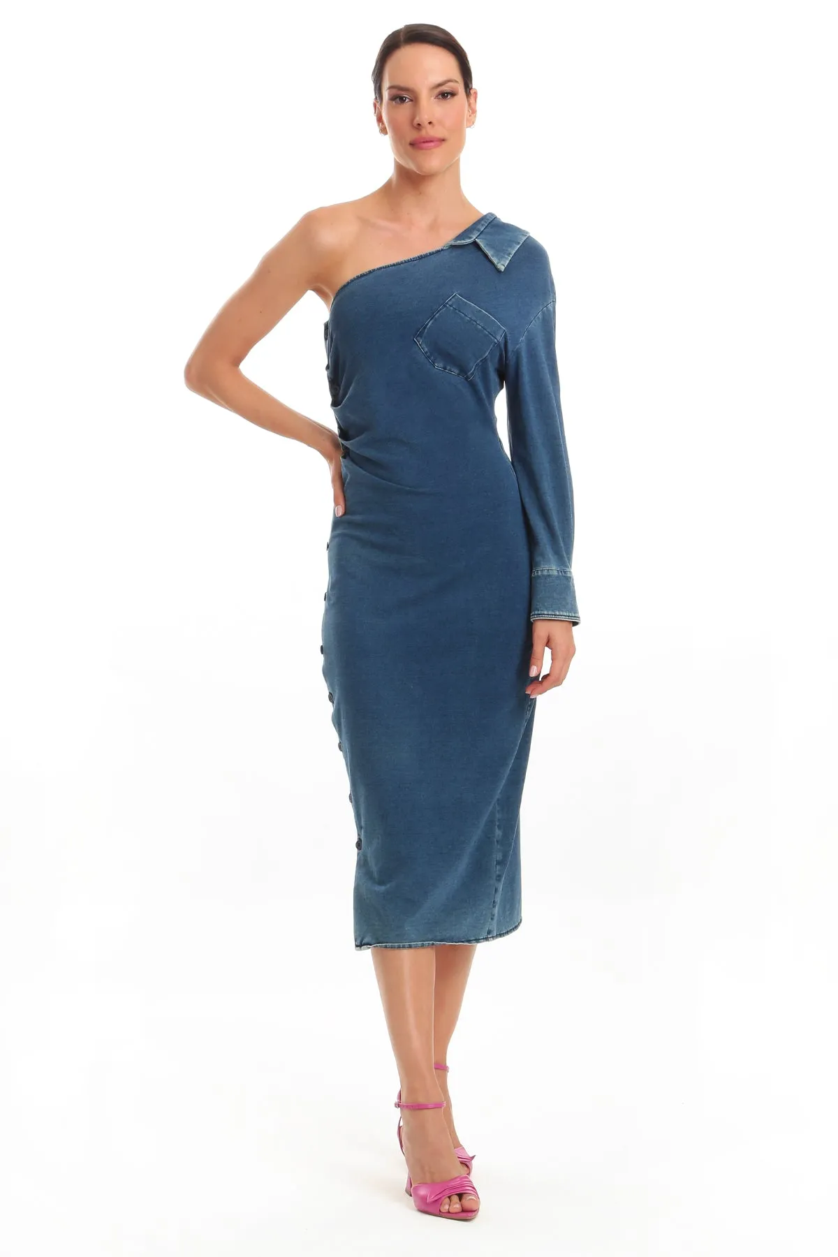 Vestido Denim Midi Camisa Desconstruída