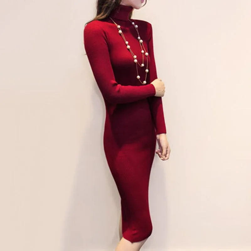 Vestido Tricot Gola Alta Midi Tubinho Inverno